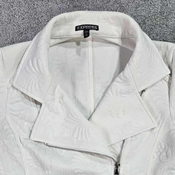 Express Ivory Cream Floral Embossed Moto Zip Cropped Jacket Unique Preppy - Picture 4 of 9